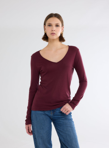 Long Sleeves V-neck T-shirt in Organic Cotton / Cashmere